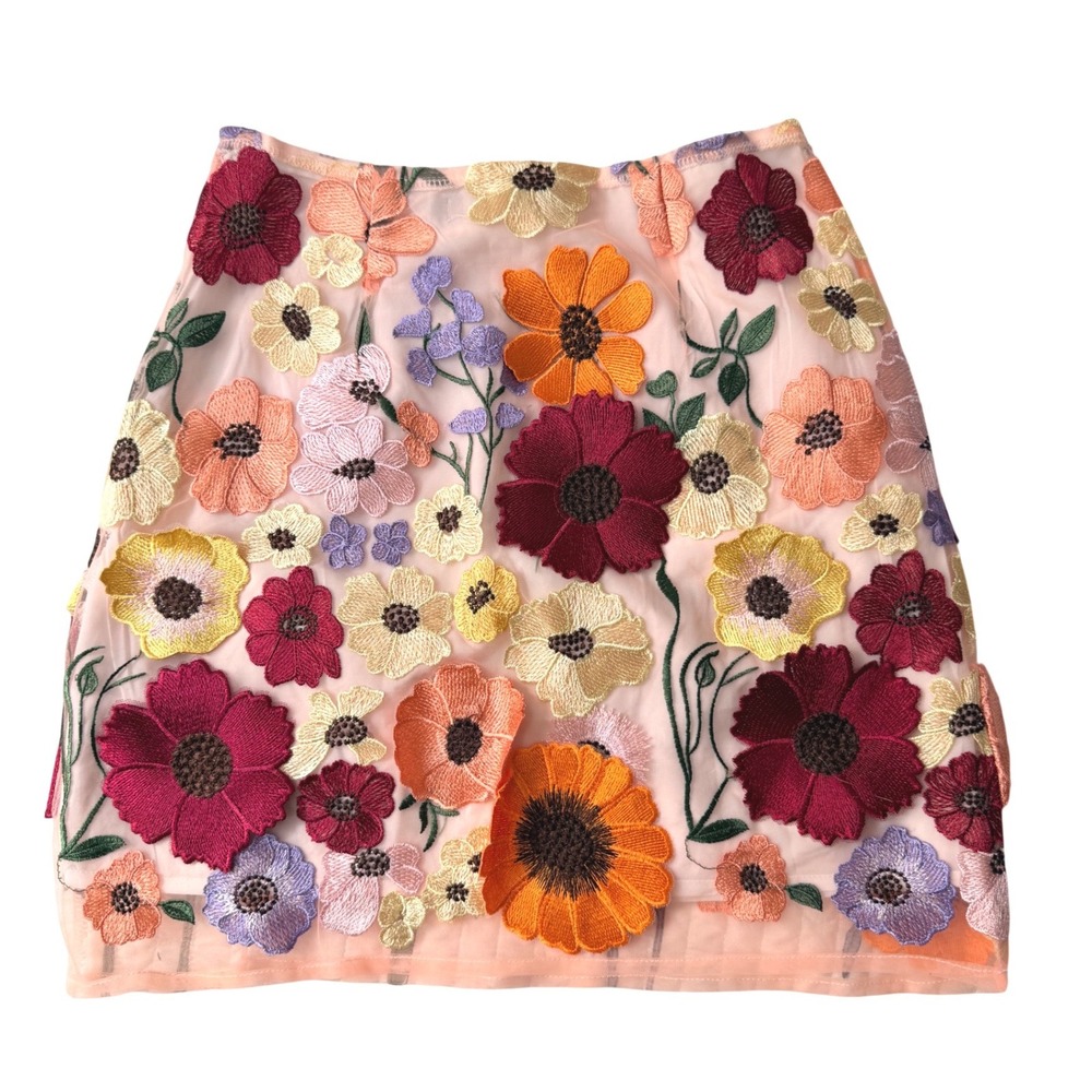 Finesse Floral Embroidered Mesh Mini Skirt Peach Size XS